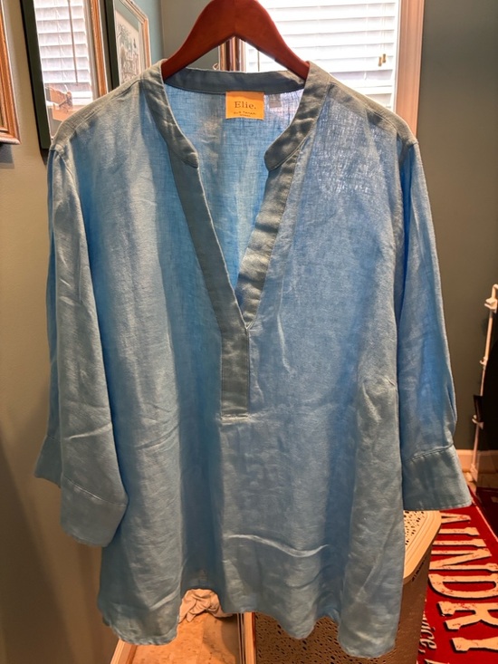 Eileen Fisher Tops - Eileen Fisher Teal Tunic Split V-Neck Linen Top Turquoise